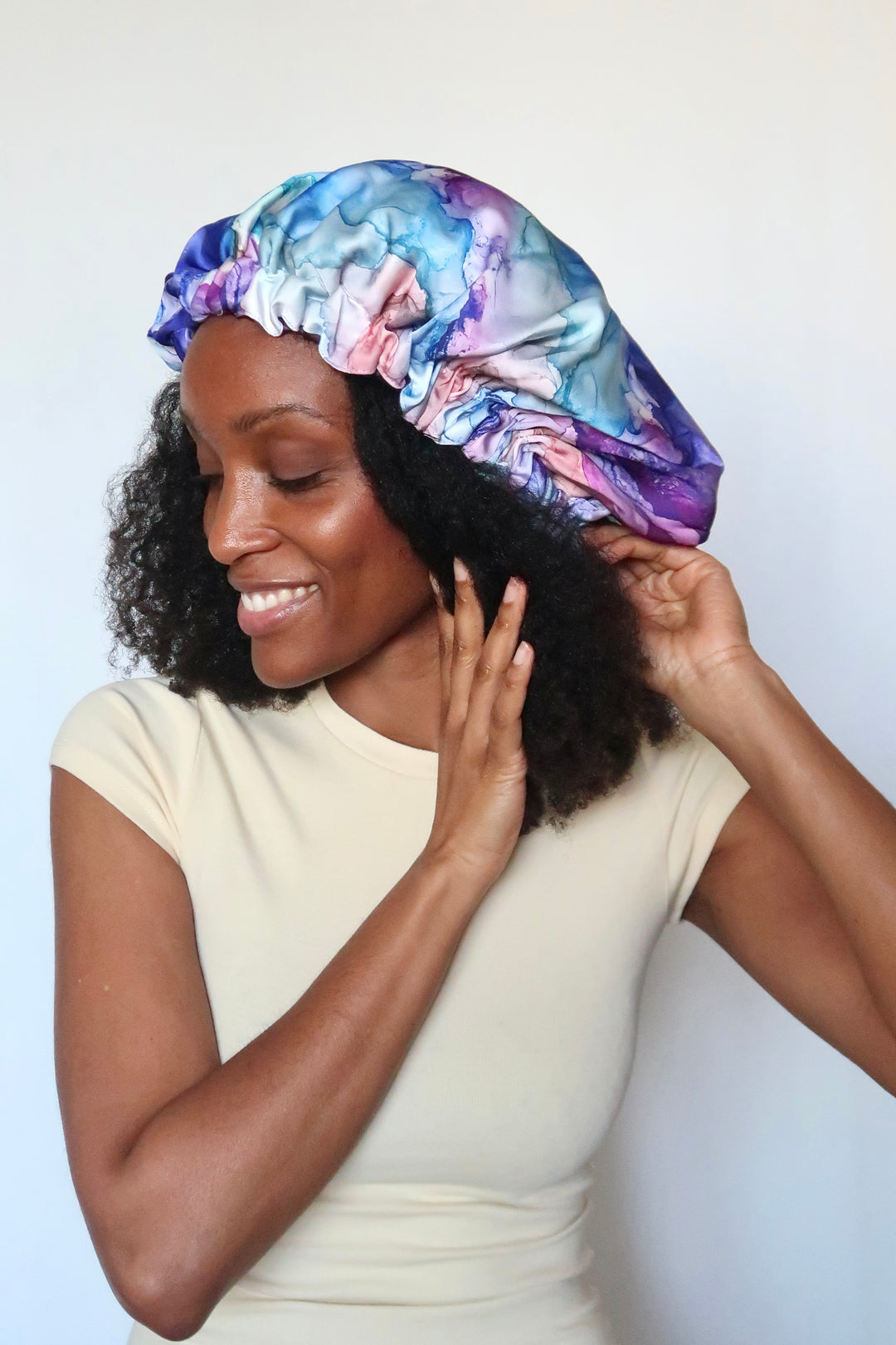Bonnet de nuit en satin SIMPLE AVEC ÉLASTIQUE RÉGLABLE bleuet - ÉLYSORE