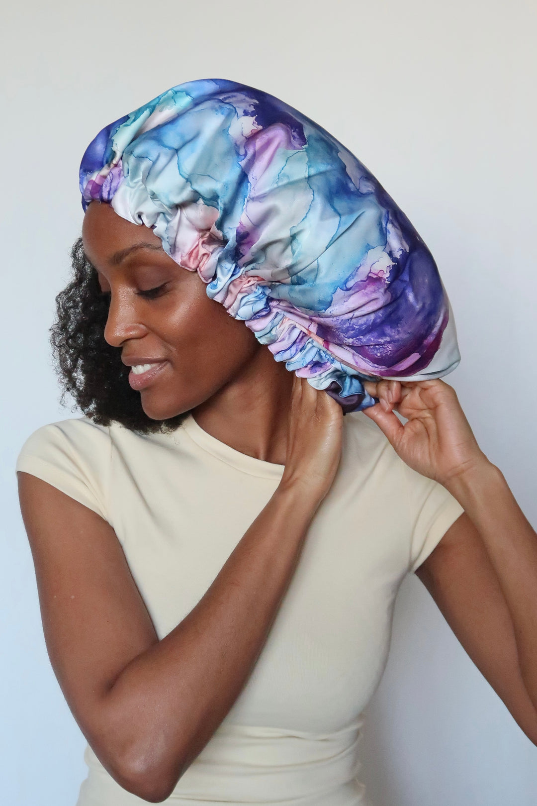 Bonnet de nuit en satin SIMPLE AVEC ÉLASTIQUE RÉGLABLE bleuet - ÉLYSORE