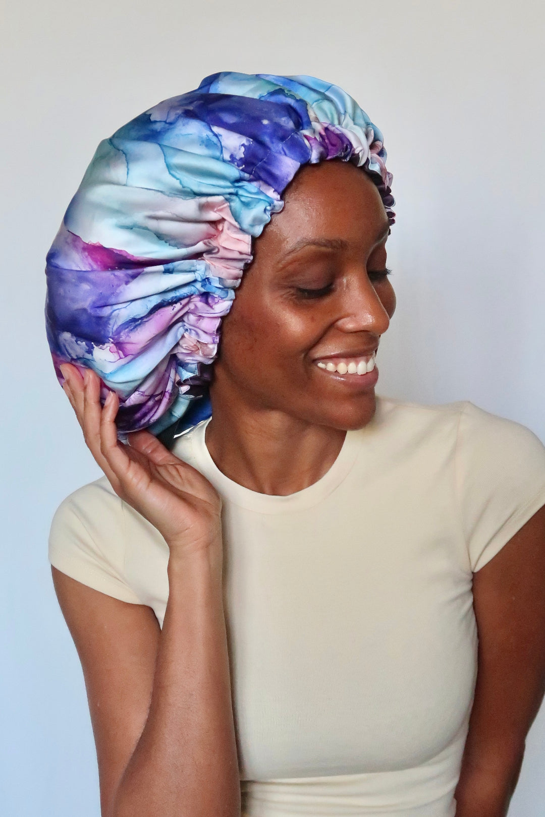 Bonnet de nuit en satin SIMPLE AVEC ÉLASTIQUE RÉGLABLE bleuet - ÉLYSORE