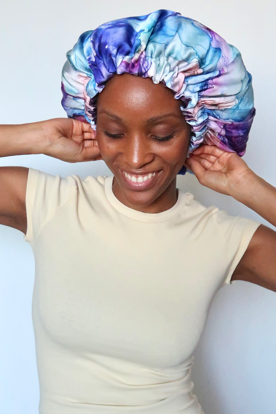 Bonnet de nuit en satin SIMPLE AVEC ÉLASTIQUE RÉGLABLE bleuet - ÉLYSORE